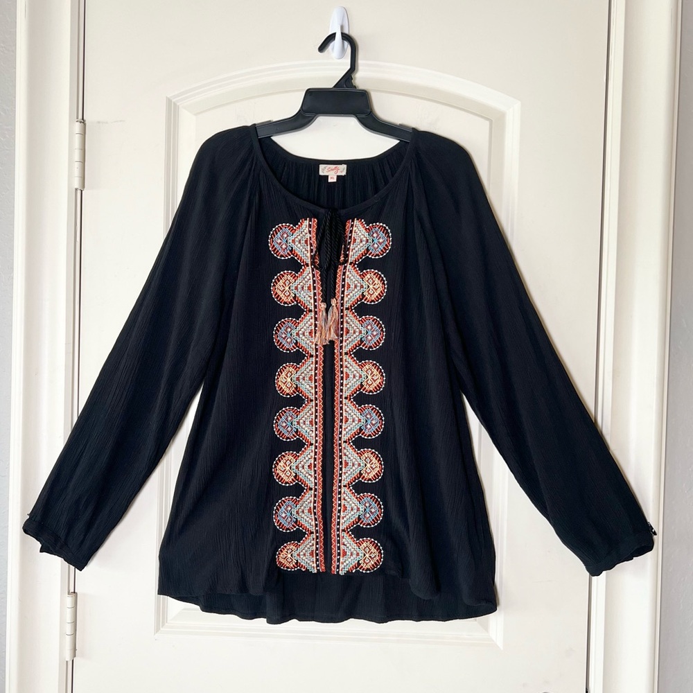 Scully Boho Embroidered Western Peasant Blouse Black Tassel XL